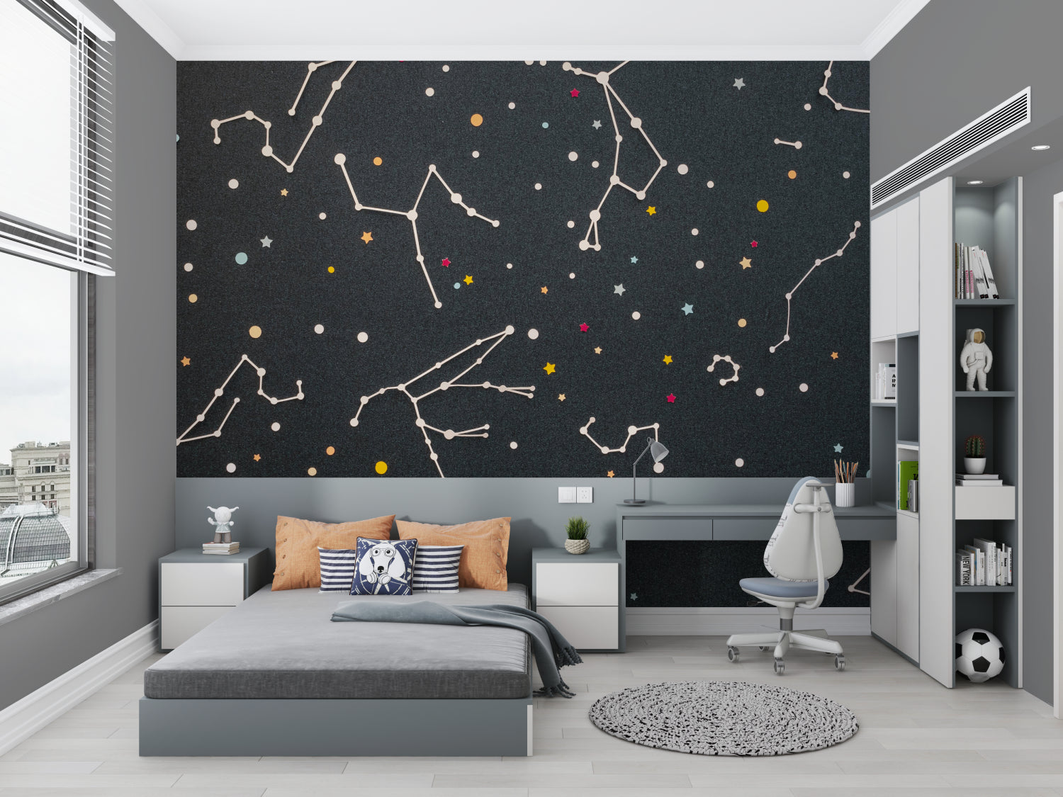 Kids room with constellation mural wallpaper creating magical night sky atmosphere