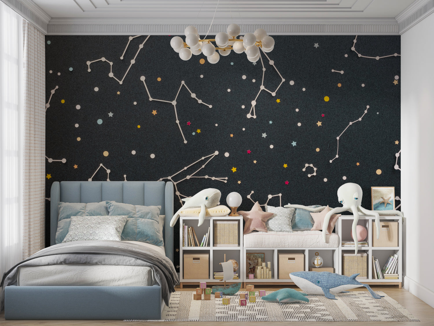 Reading nook with night sky wallpaper creating cozy stargazing space