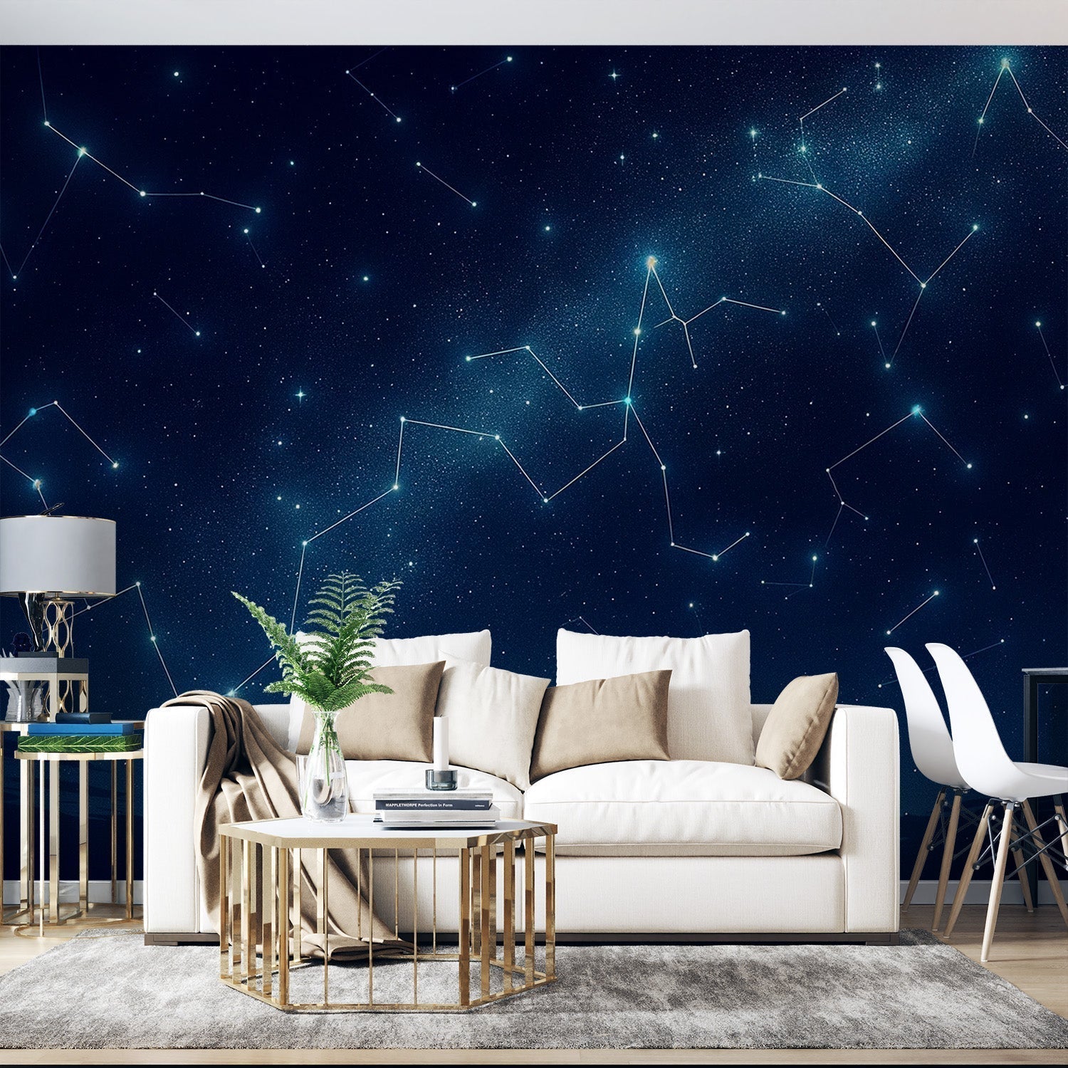 Constellation wallpaper creating a cozy atmosphere in a modern bedroom, with soft lighting highlighting the star patterns