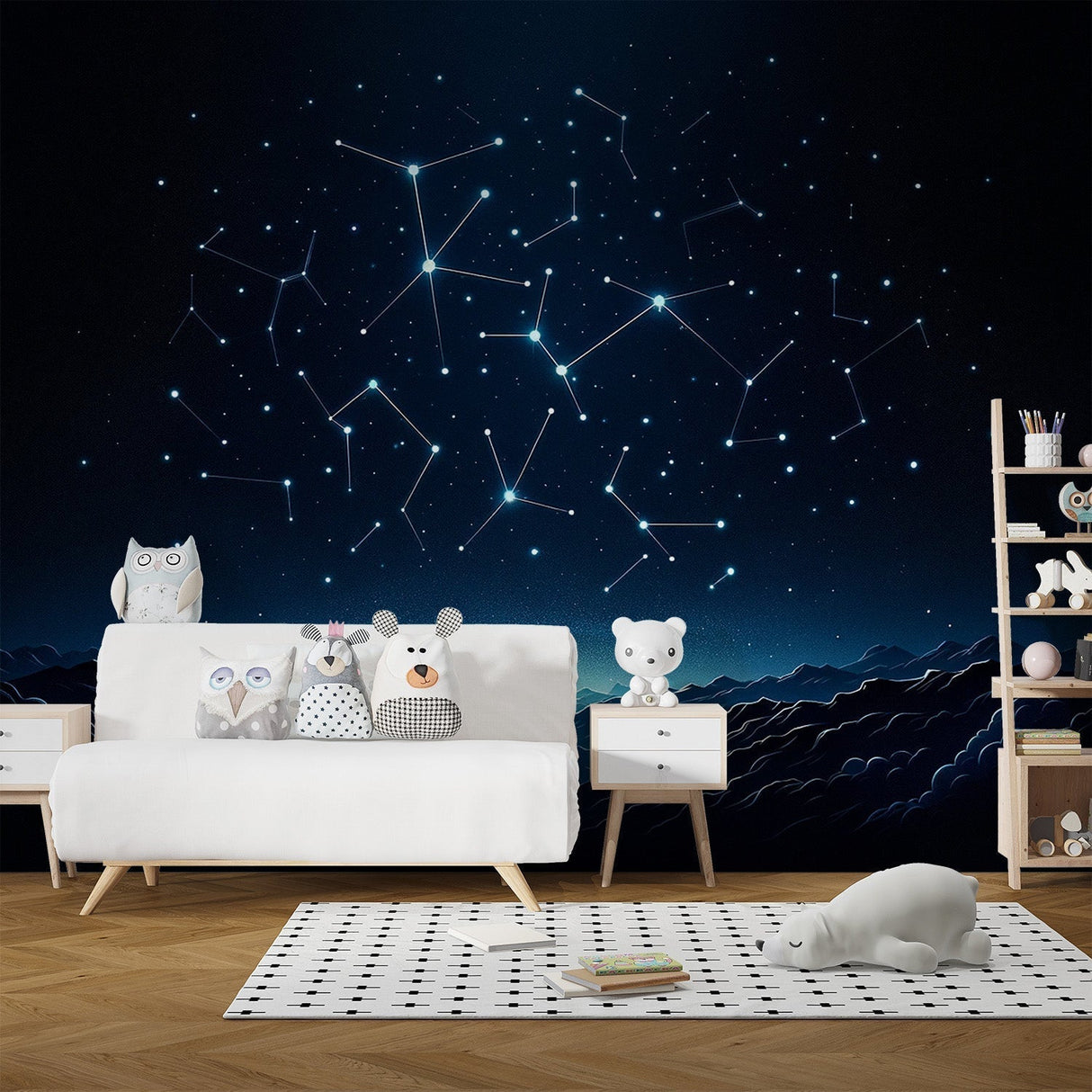 Constellation wallpaper creating a cozy atmosphere in a modern bedroom, with star patterns glowing against dark walls