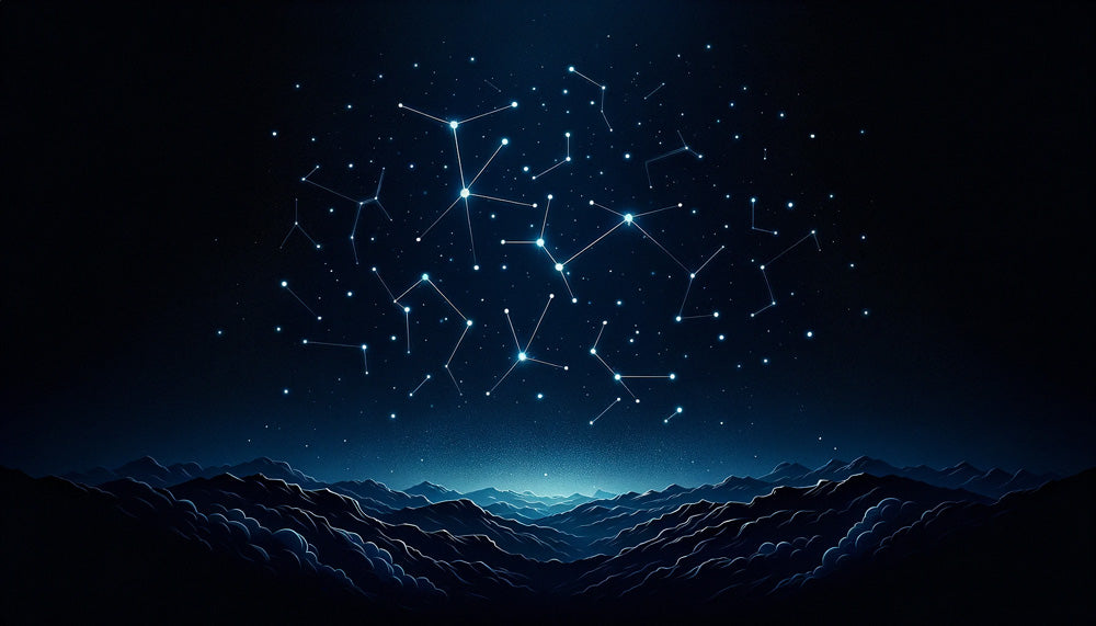 Night sky constellation wallpaper design file showing detailed star patterns and mountain silhouettes