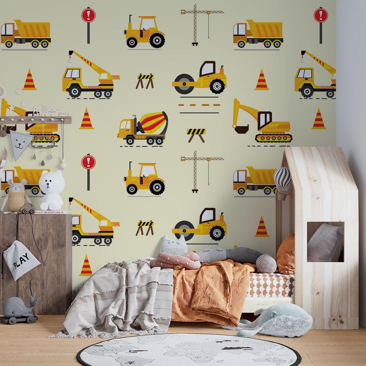 Daycare room transformed with yellow construction vehicle wallpaper showing excavators and cranes