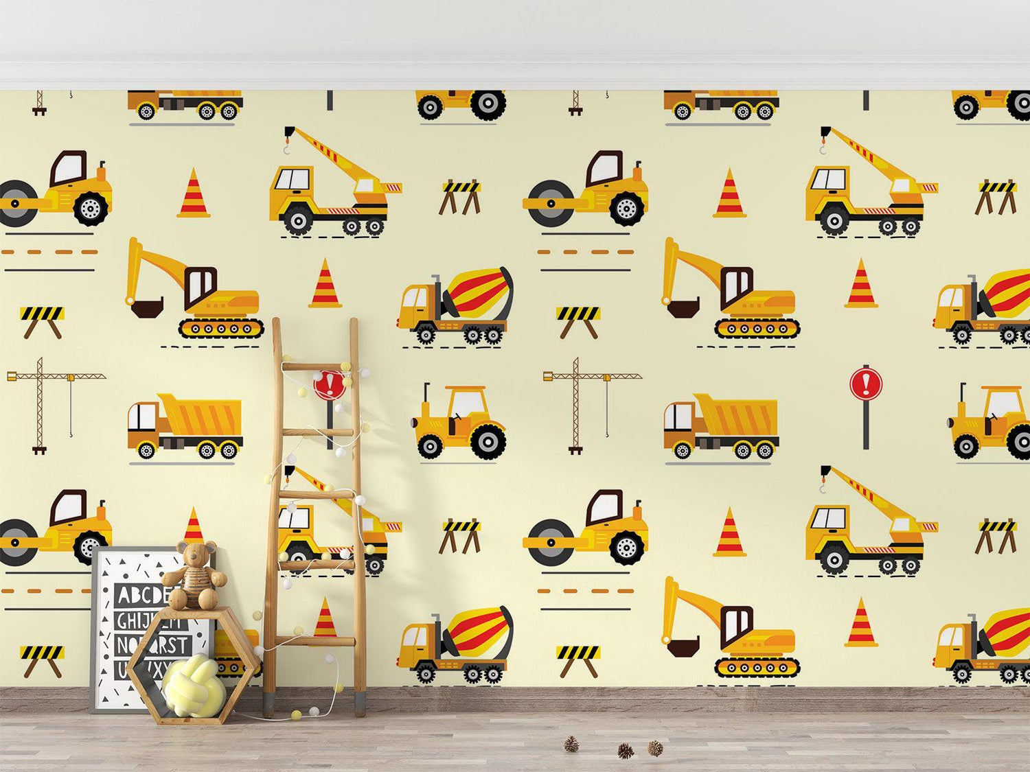 Children's study corner with construction vehicle pattern showing detailed machinery designs