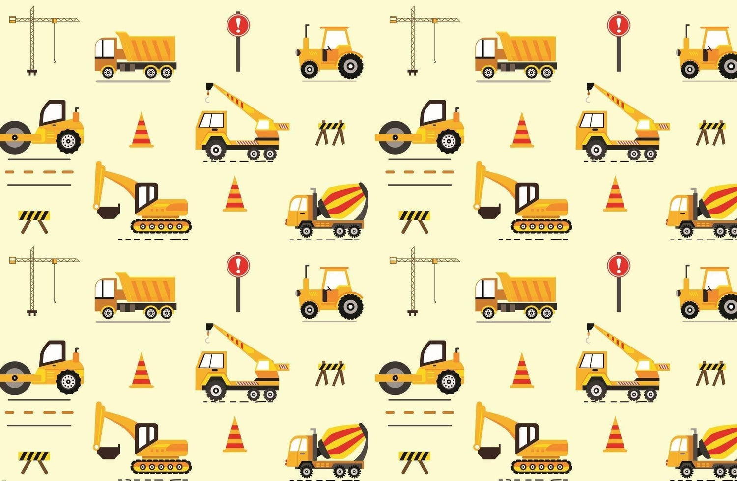 Construction vehicle pattern design file showing yellow trucks, cranes, and safety signs on cream background