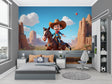 Western desert wallpaper bringing adventure to a modern kids bedroom, showing playful cowboy theme