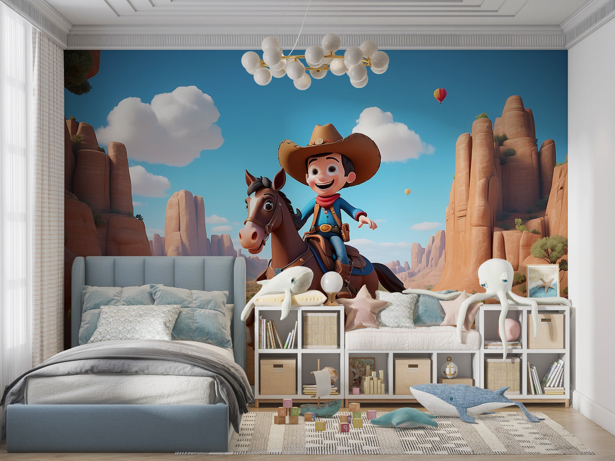 Cowboy themed mural displayed in a bright playroom with reading nook