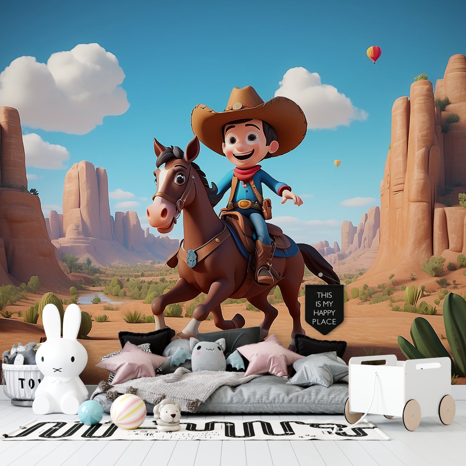 Desert adventure mural bringing life to a child's study area