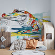 Modern Watercolor Crocodile Wallpaper creating a bold statement in a minimalist living room with artistic flair