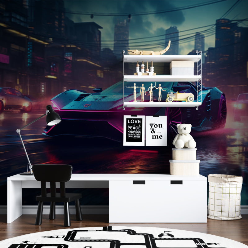 Cyberpunk wallpaper creating amazing atmosphere in modern gaming room with LED setup