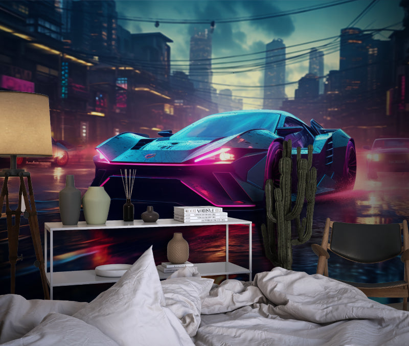 Neon car wallpaper bringing future vibes to teen bedroom with modern furniture