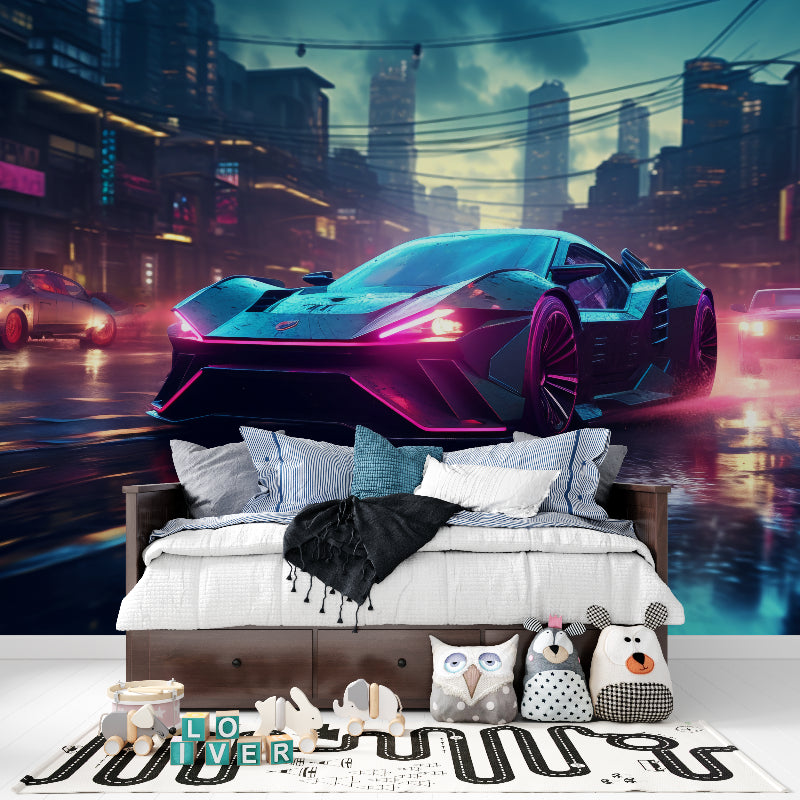 Night city mural making statement in urban style living room