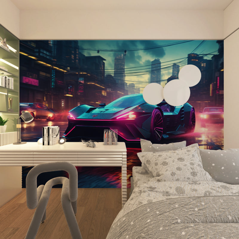 Futuristic car wallpaper transforming office space with neon accents