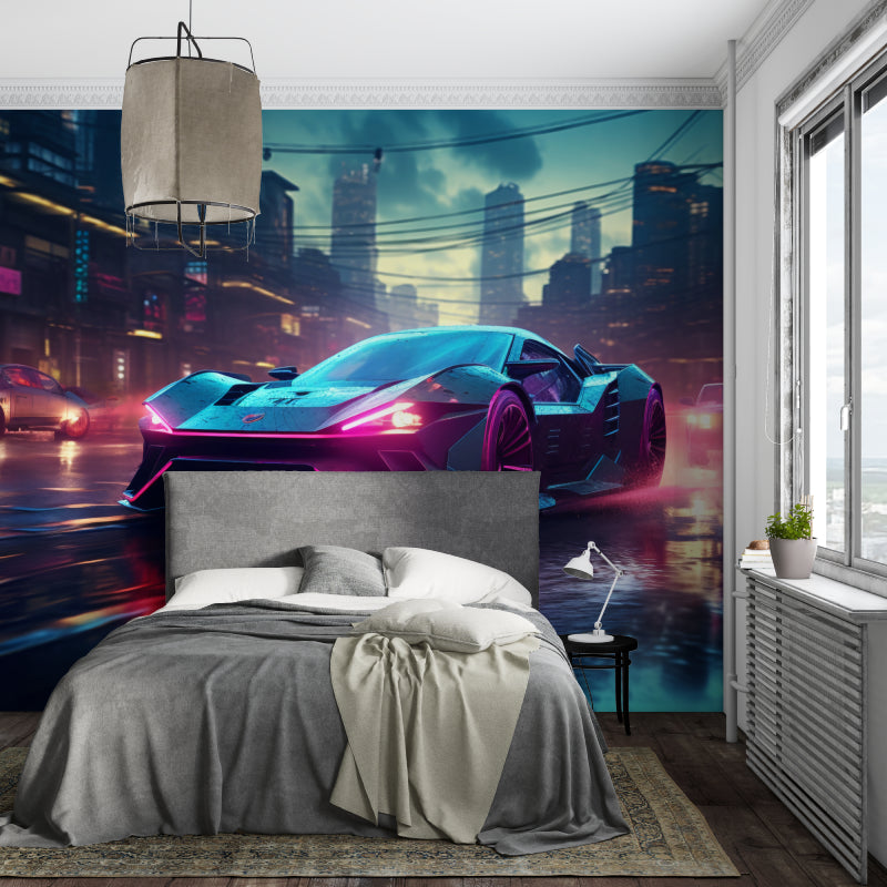 Cyberpunk mural adding depth to modern entertainment room setup