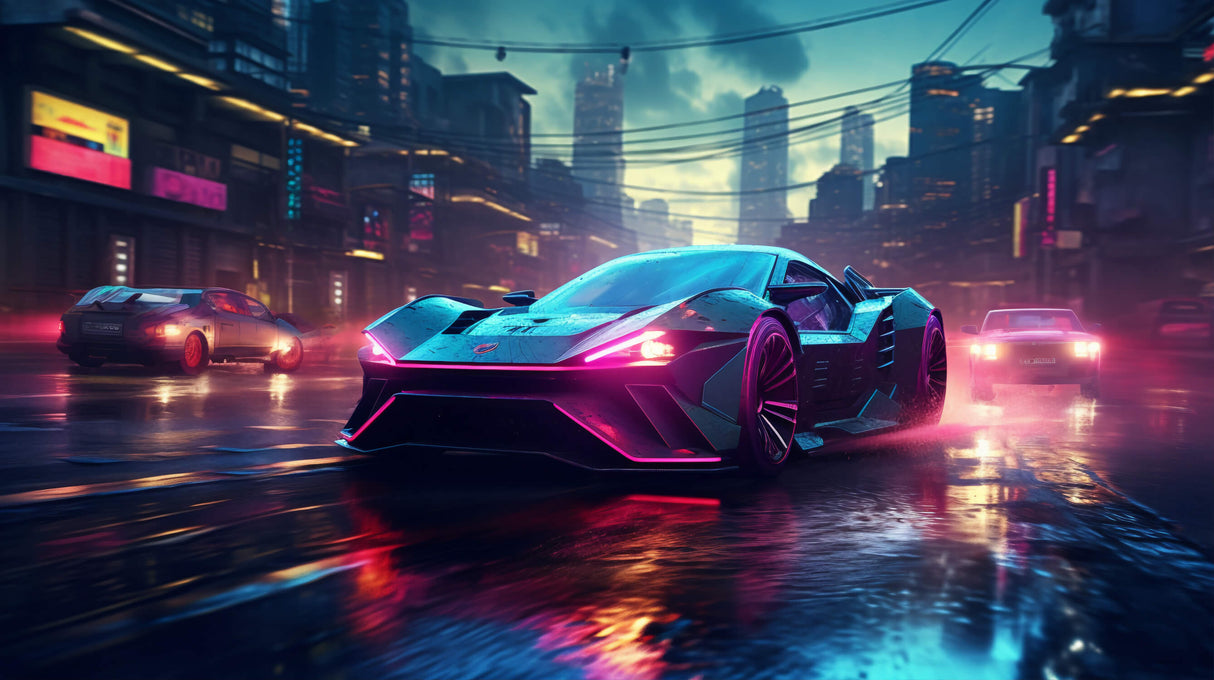 Neon sports car night city design file showing detailed pattern and colors