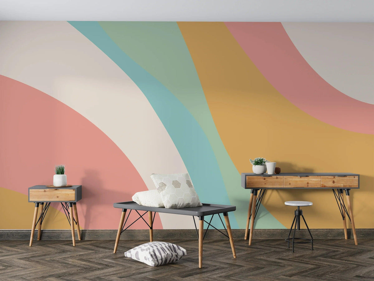 Rainbow Mural Wallpaper | Curved Pastel Waves Design