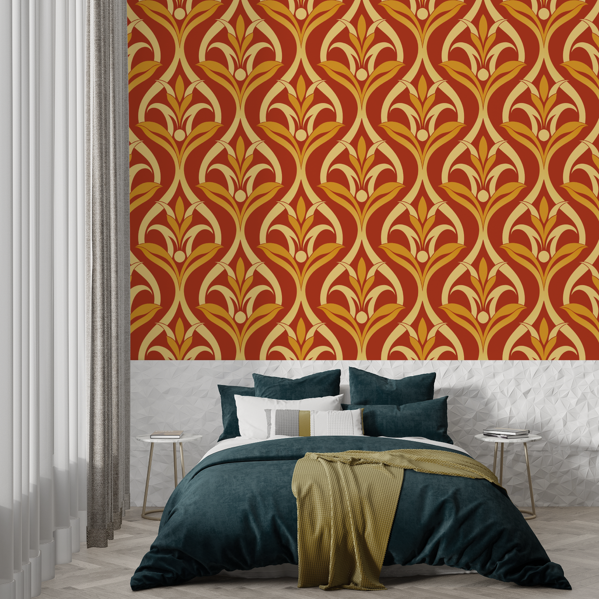 Art Nouveau Mural Wallpaper | Terracotta and Gold Floral Pattern