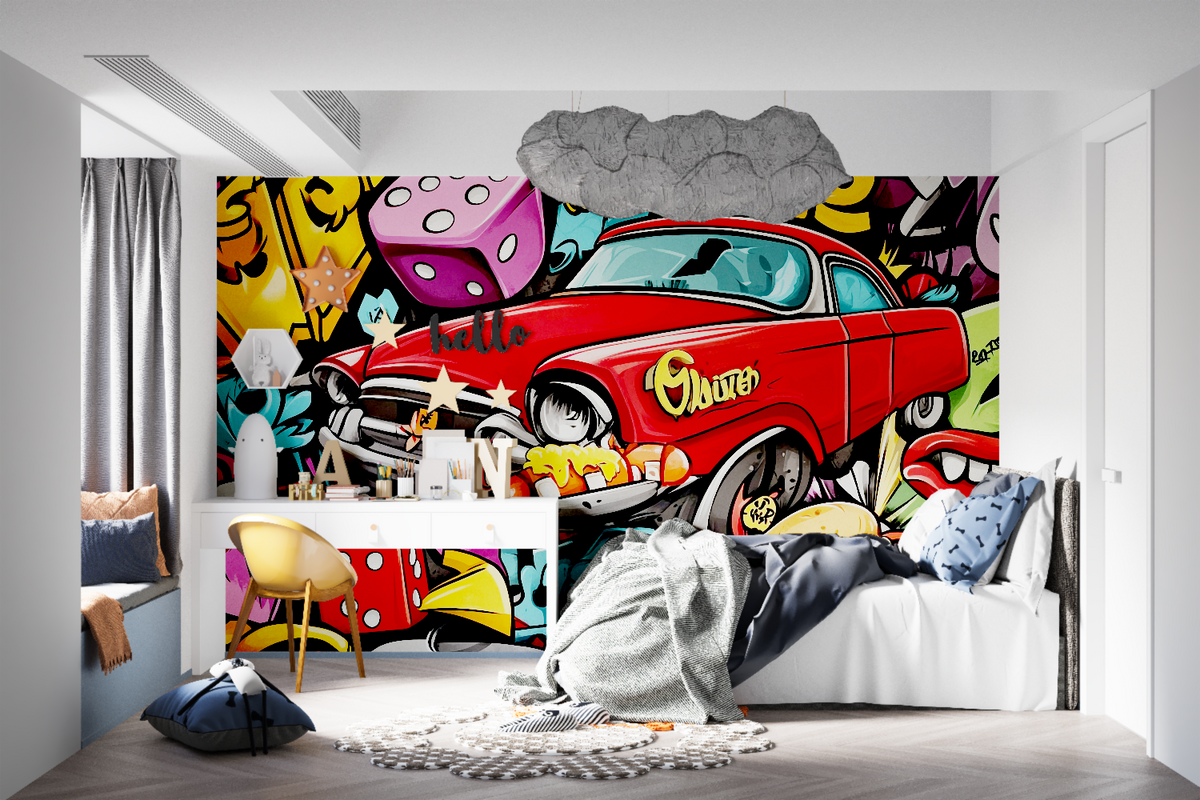 Street Art Mural Wallpaper | Vintage Red Car Graffiti Design