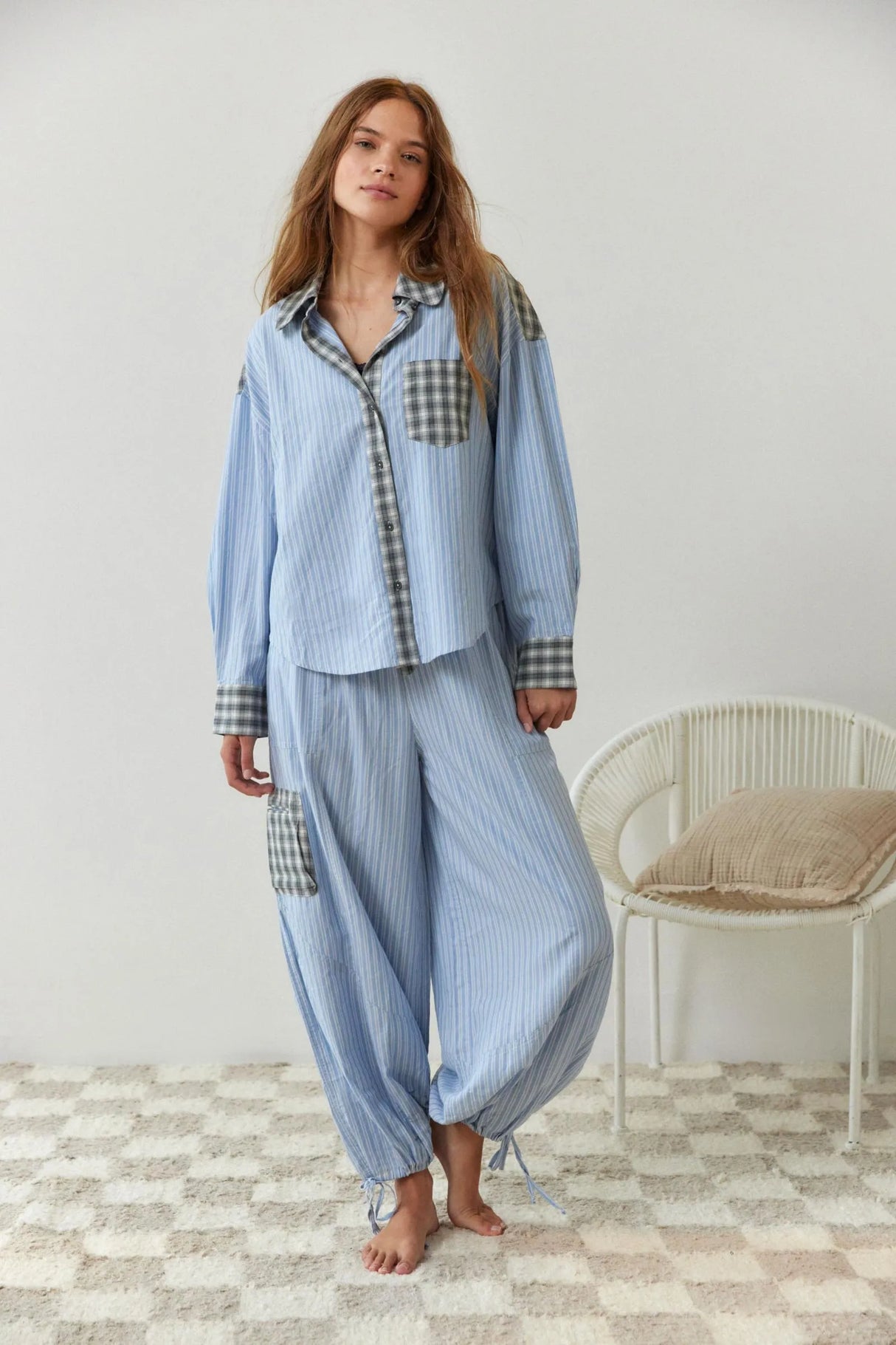 Cotton Blend Pajama Set Striped Pattern With Plaid Accents - Product example