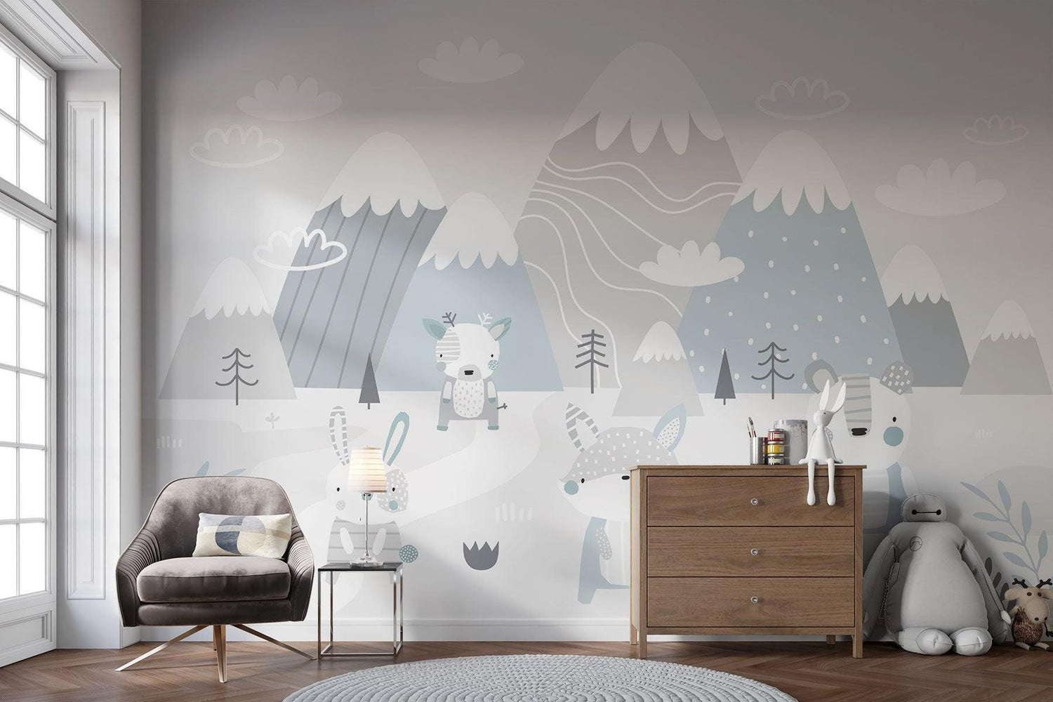 Papier Peint Mural Montagne | Scène d'Animaux d'Hiver Scandinaves