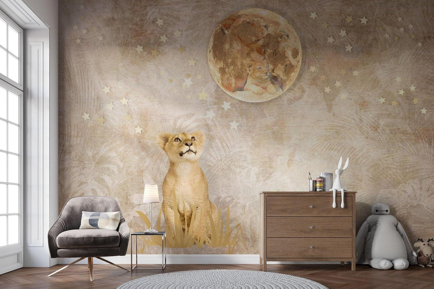 Safari Löwe Tapete | Traumhaftes Mond- und Sternendesign