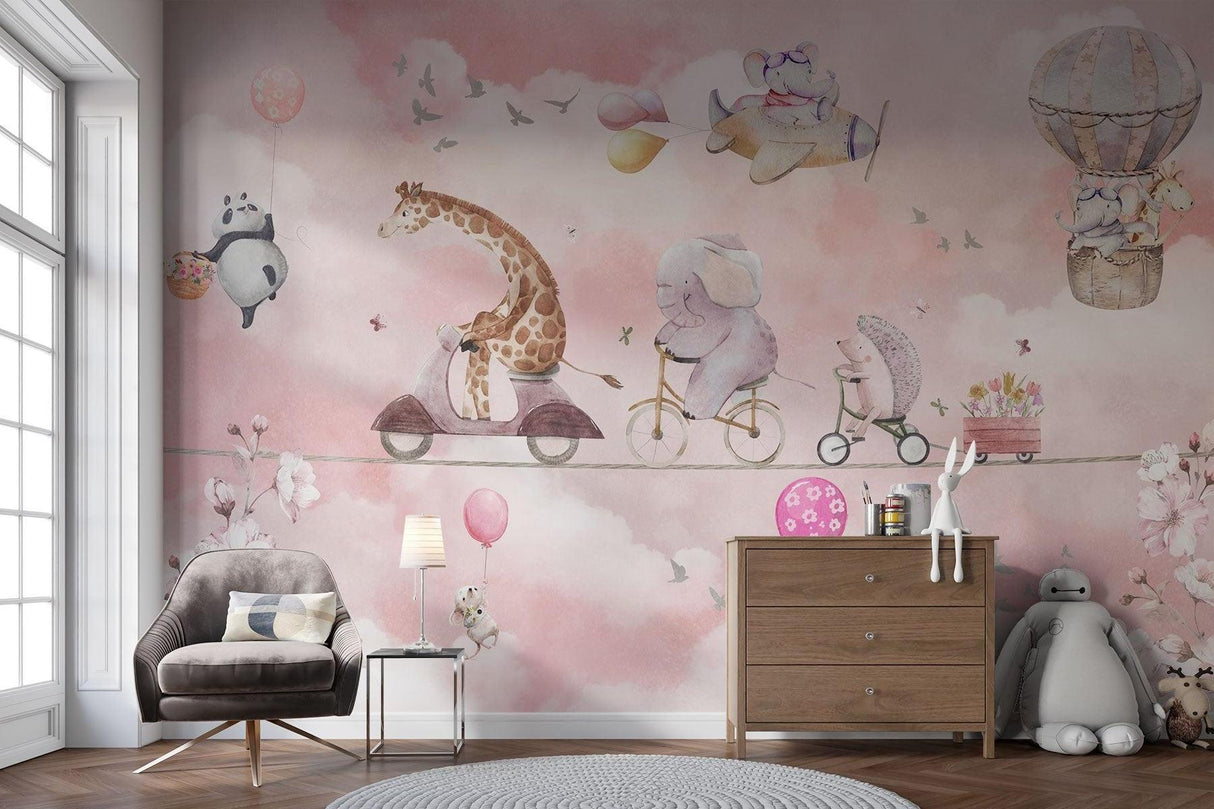 Papier Peint Mural Animaux pour Enfants | Parade d'Aventure dans le Ciel Rose