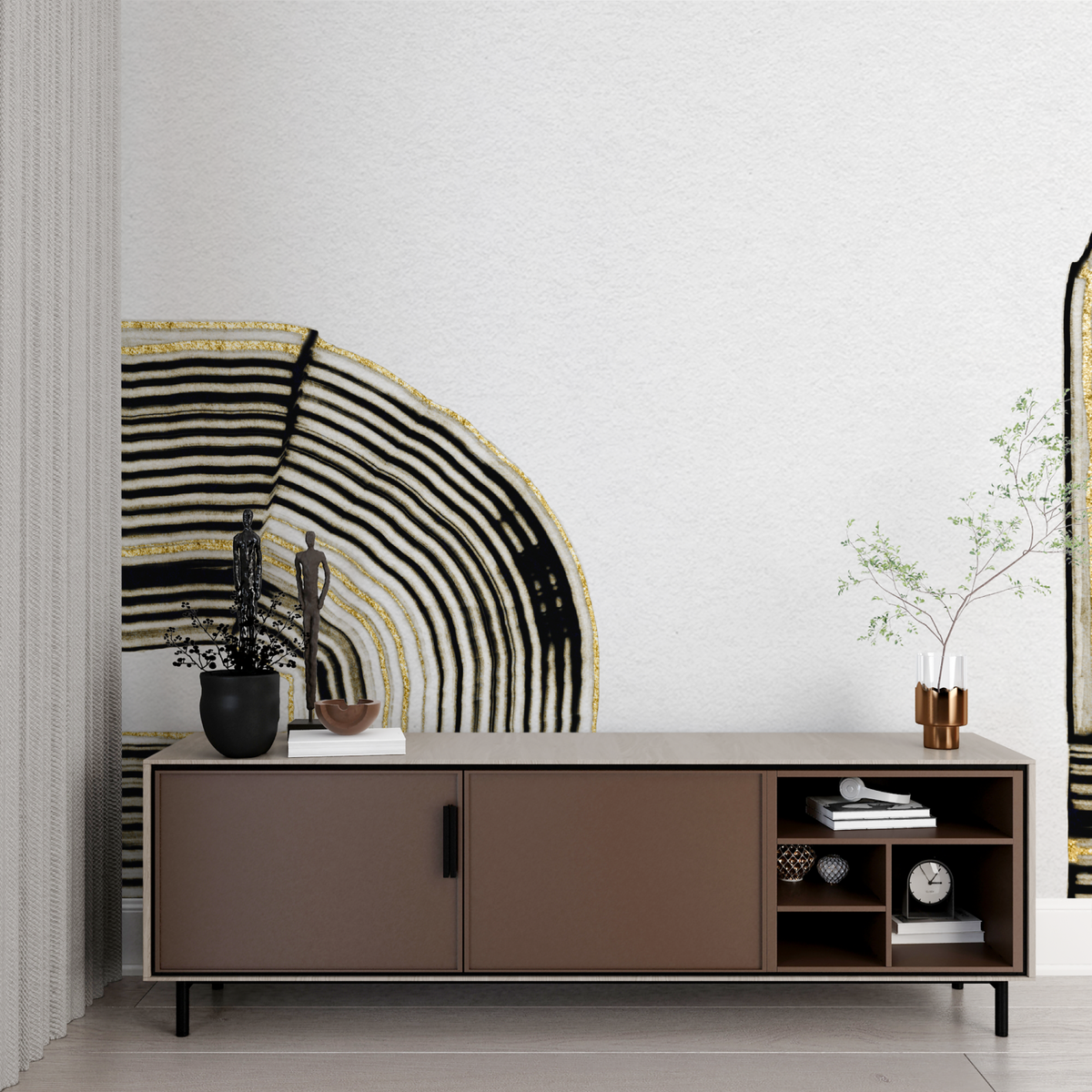 Abstract Mural Wallpaper | Black and Gold Curved Lines