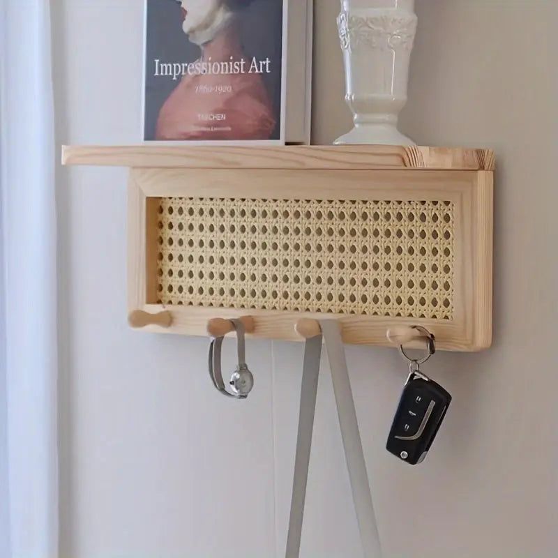 Wooden Wall Shelf Natural Rattan Panel With Storage Hooks - Product detail 4
