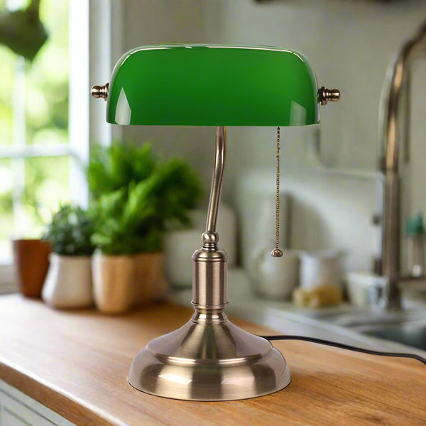 Classic Banker Desk Lamp Green Glass Shade with Brass Base - Product showcase