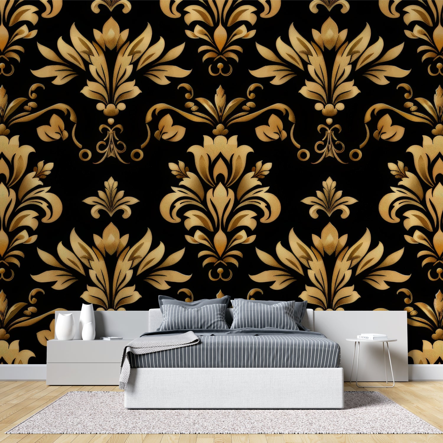 Master bedroom featuring black and gold damask wall mural