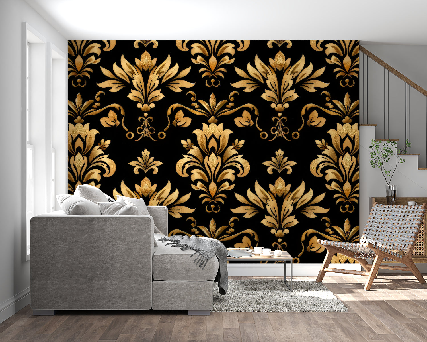 Luxury damask wallpaper design in hotel lobby setting