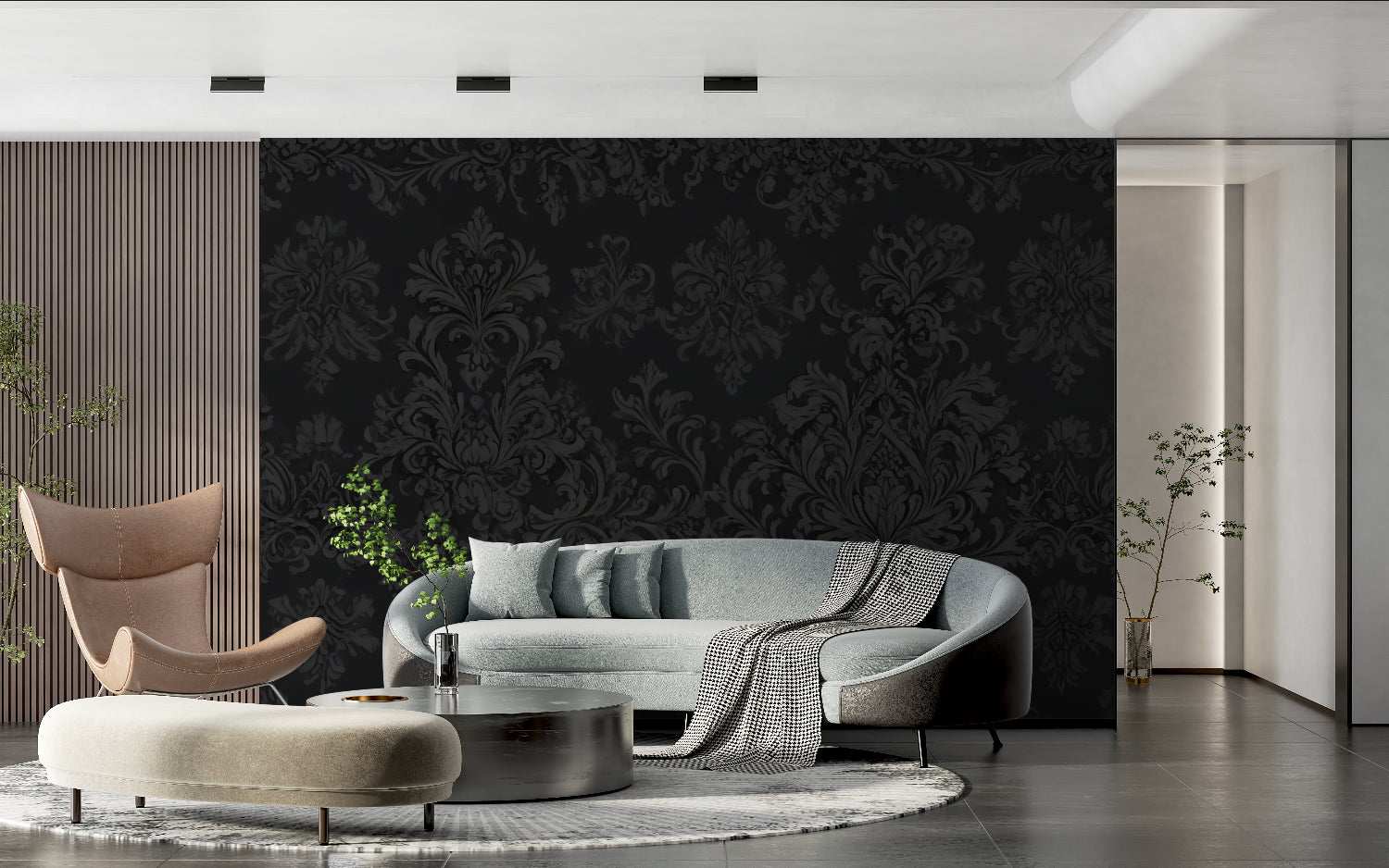 Black and silver damask wallpaper in elegant home office setting