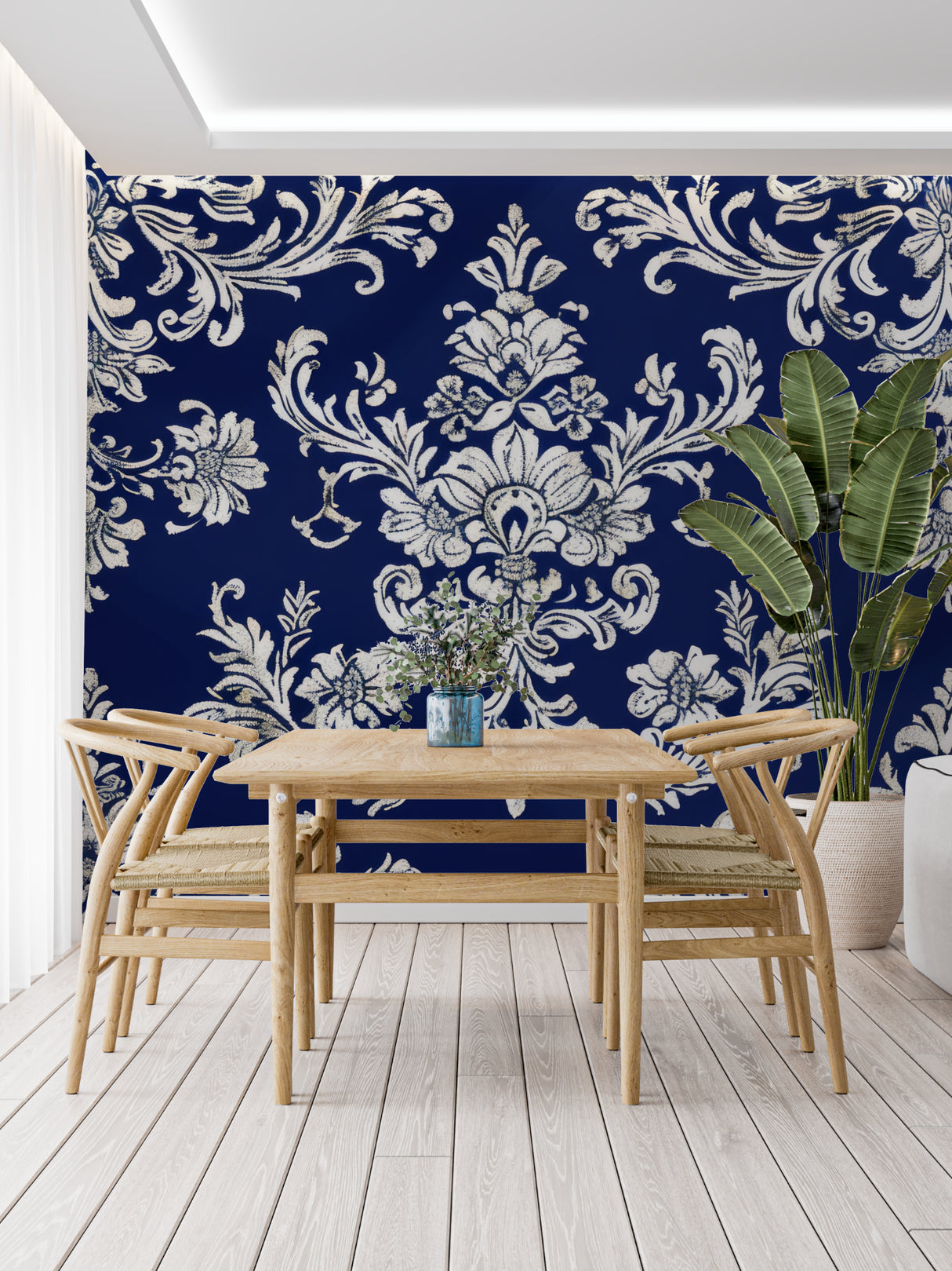 Baroque pattern wall mural adding sophistication to a master bedroom