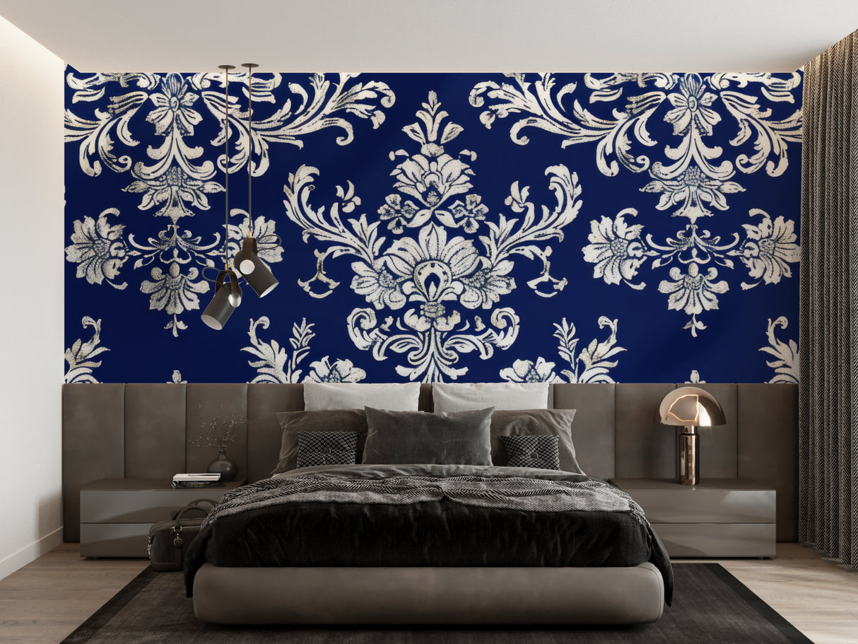 Blue and white damask mural making a statement in a home office