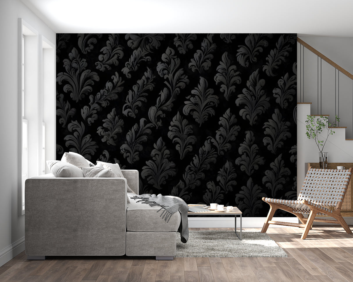 Black damask wallpaper in modern living room showing elegant pattern and sophisticated furniture arrangement