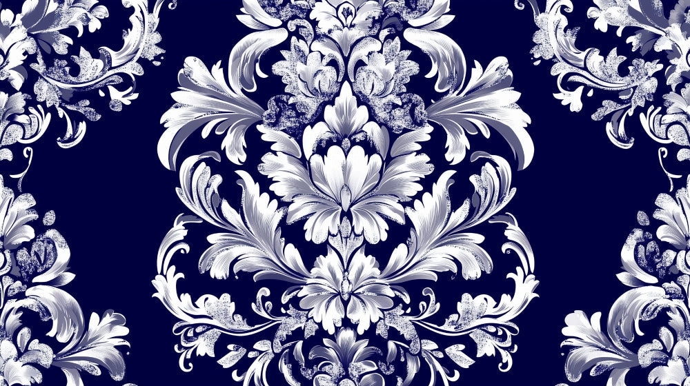 Classic blue and white damask pattern design file showing intricate floral details