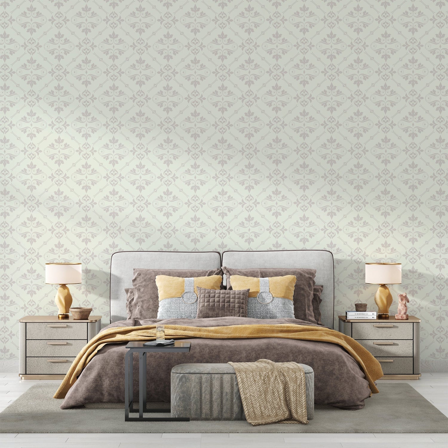 Grey damask wallpaper in an elegant living room setting with modern furniture and soft lighting