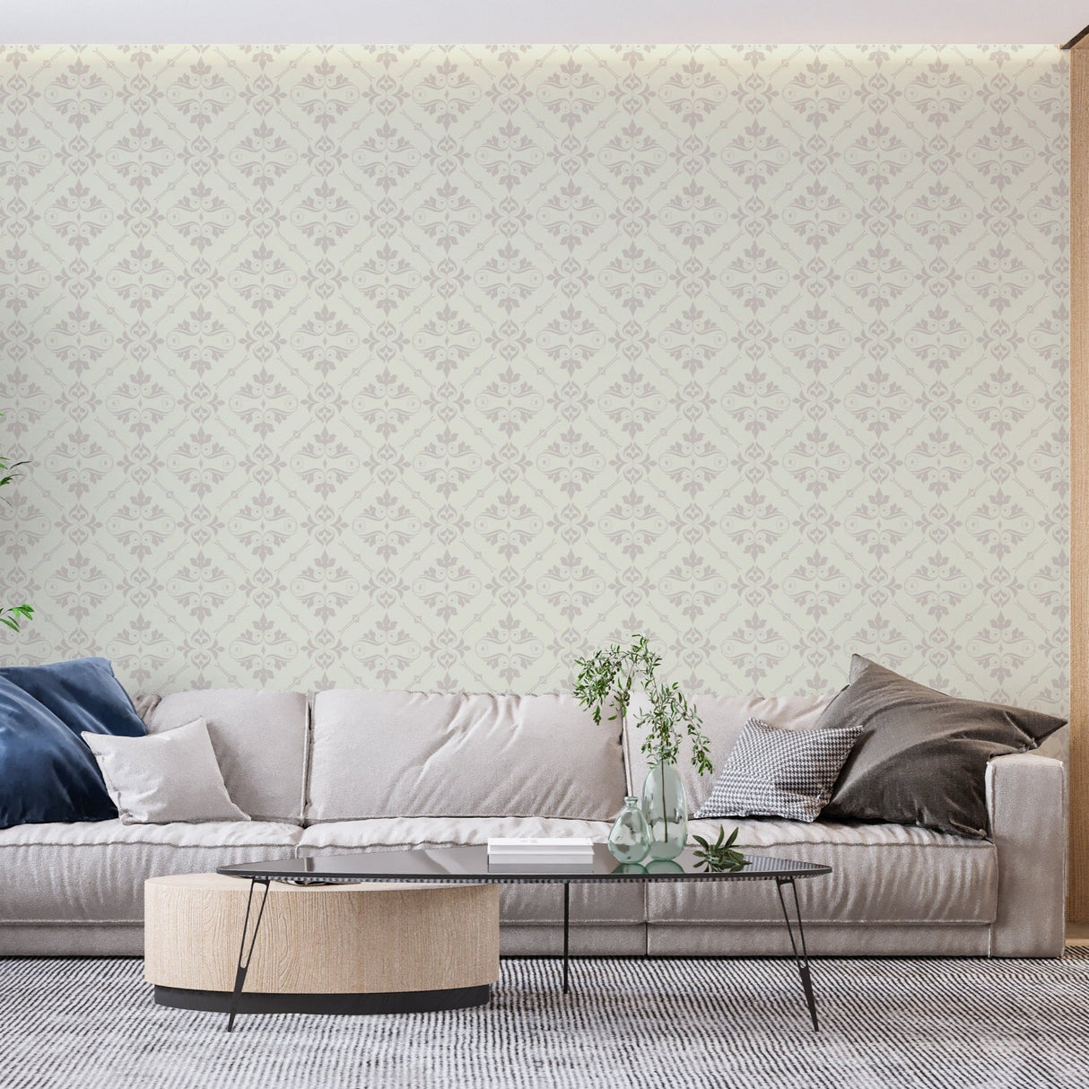 Classic damask pattern mural in a bright dining room with contemporary decor