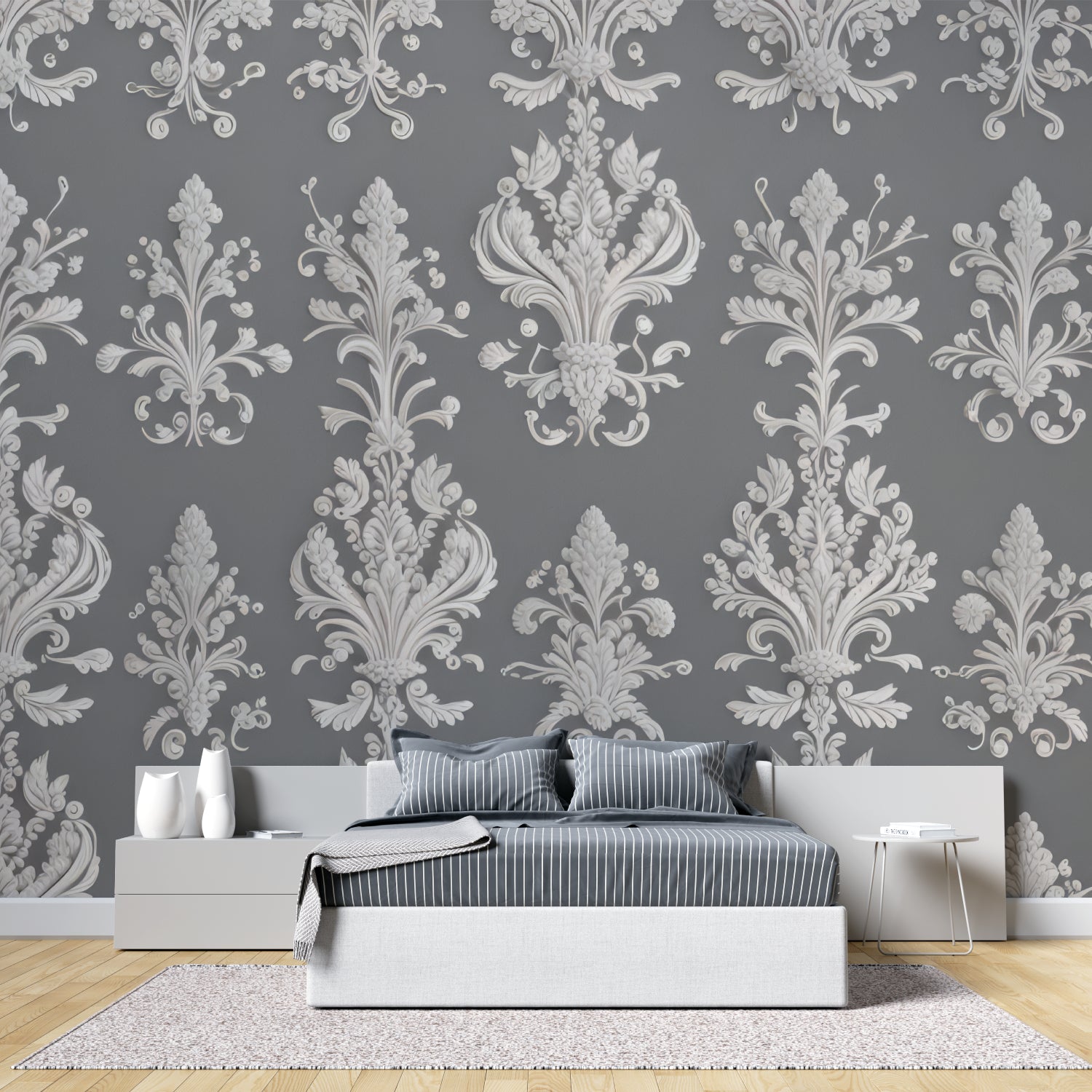 Classic Damask wall mural bringing sophistication to a modern living room setting