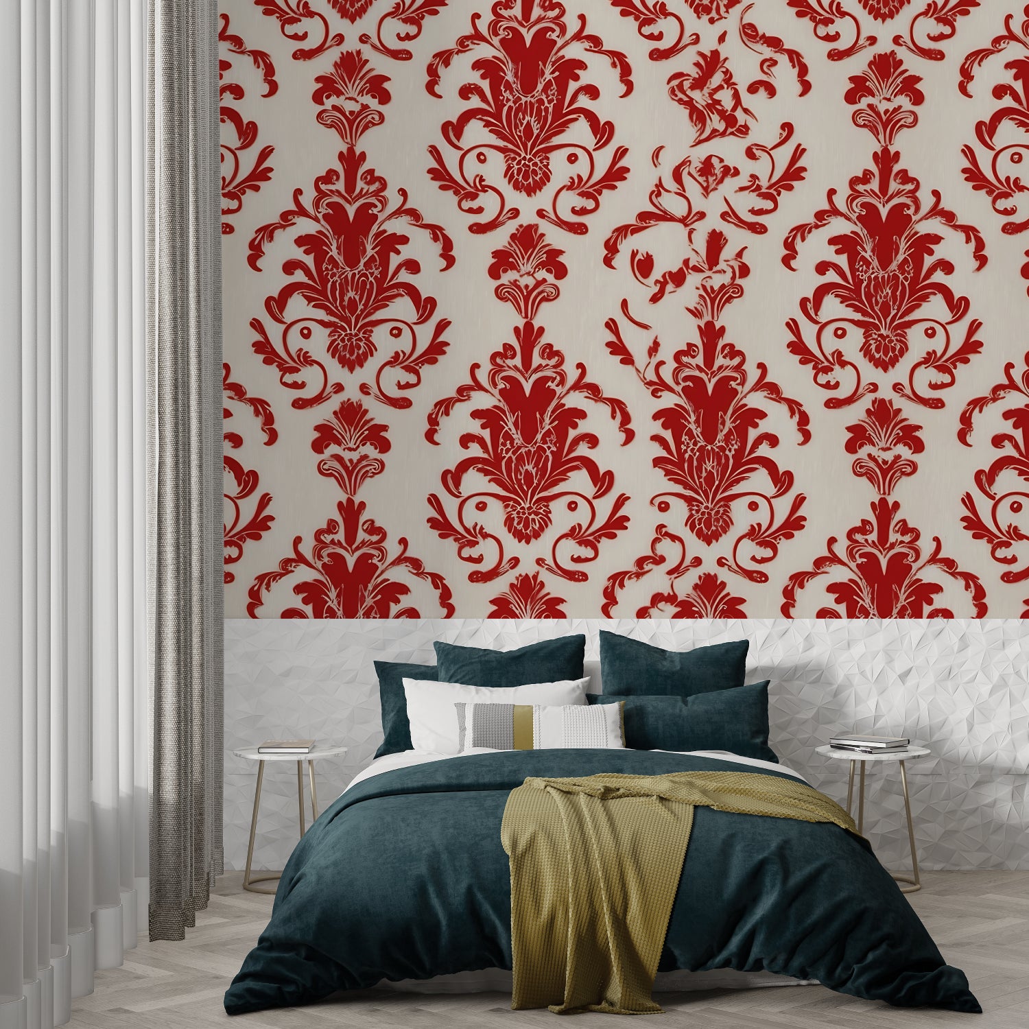 Classic red damask pattern wallpaper in master bedroom with upholstered headboard