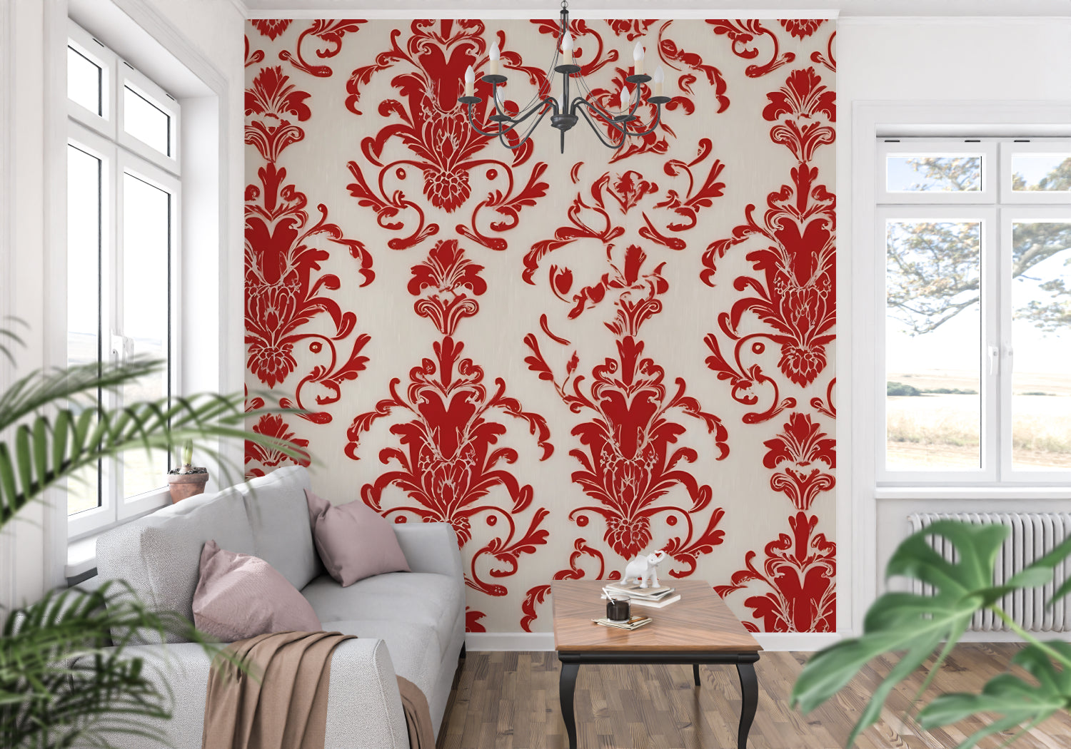 Baroque red and white damask wallpaper in formal living room with gold accents