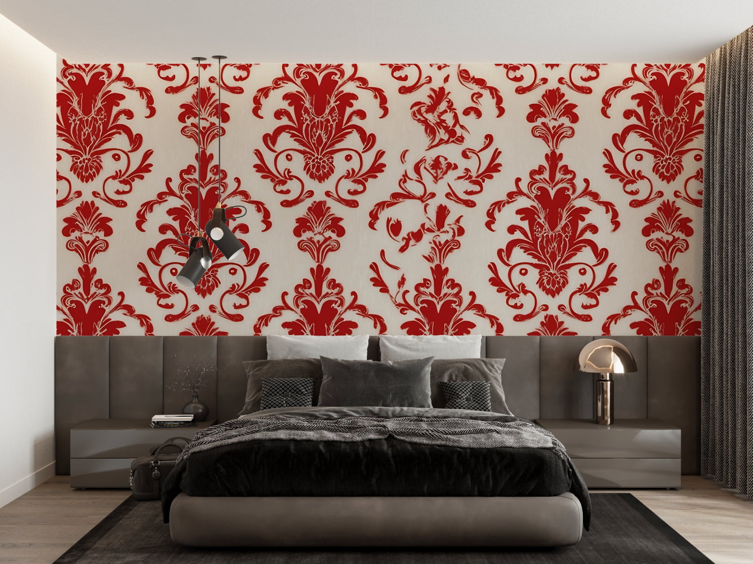 Red damask wallpaper creating accent wall in home office with wooden desk