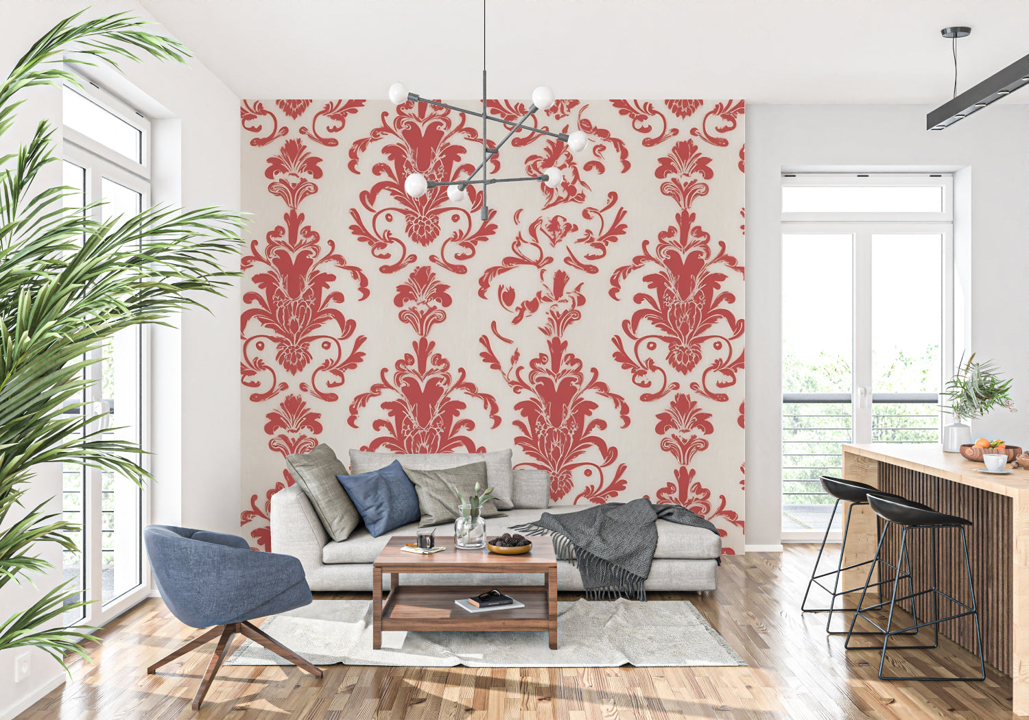 Traditional red damask pattern in modern foyer with contemporary furniture