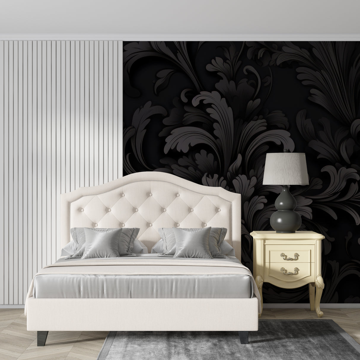 Damask wall mural adding sophistication to master bedroom with white bedding and crystal chandelier