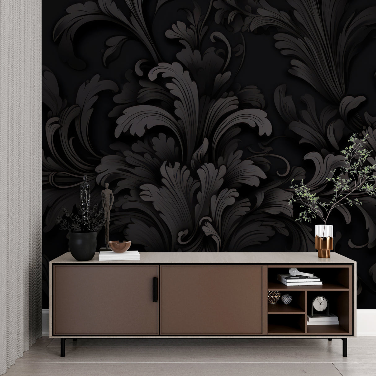 Black floral wallpaper making statement in dining room with wooden table and upholstered chairs