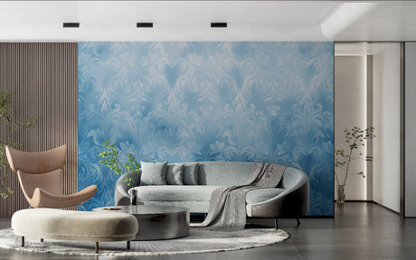 Blue damask wallpaper mural in modern living room with contemporary furniture