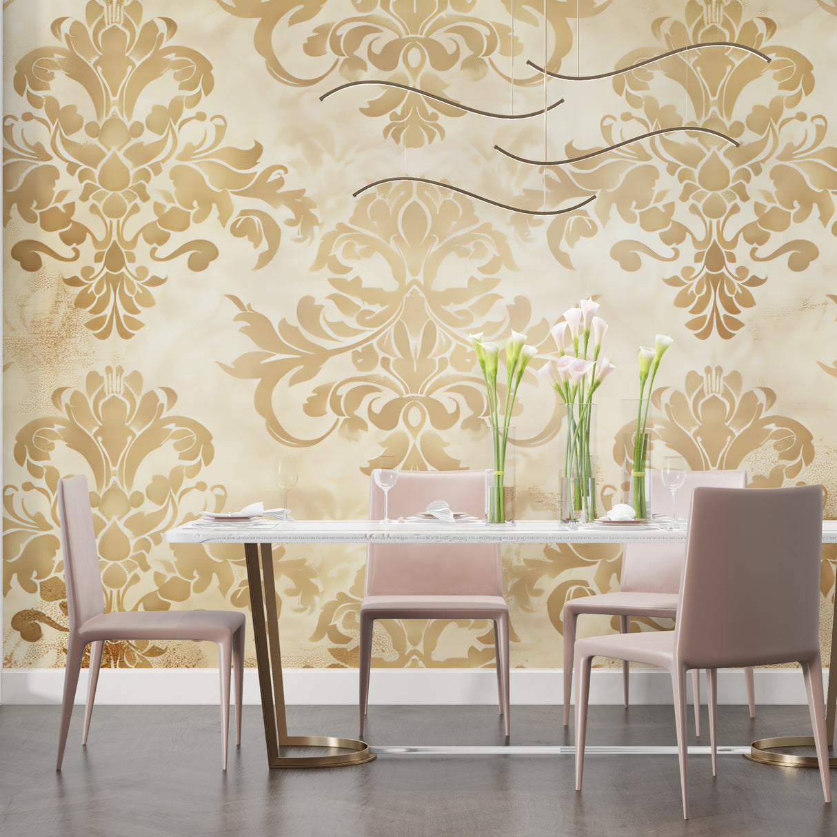 Gold Damask wallpaper bringing elegance to a modern living room with high ceilings and contemporary furniture