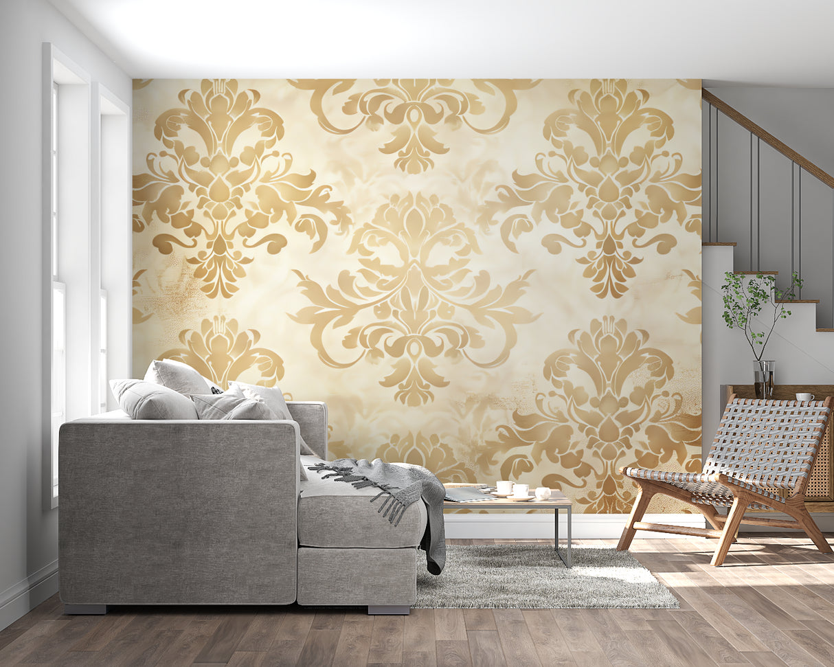 Elegant gold damask wallpaper in a dining room with rich wood furniture and soft lighting