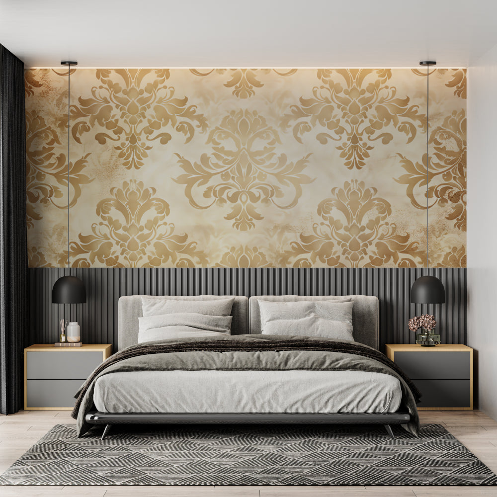 Gold pattern damask mural adding sophistication to a home office with classic desk setup