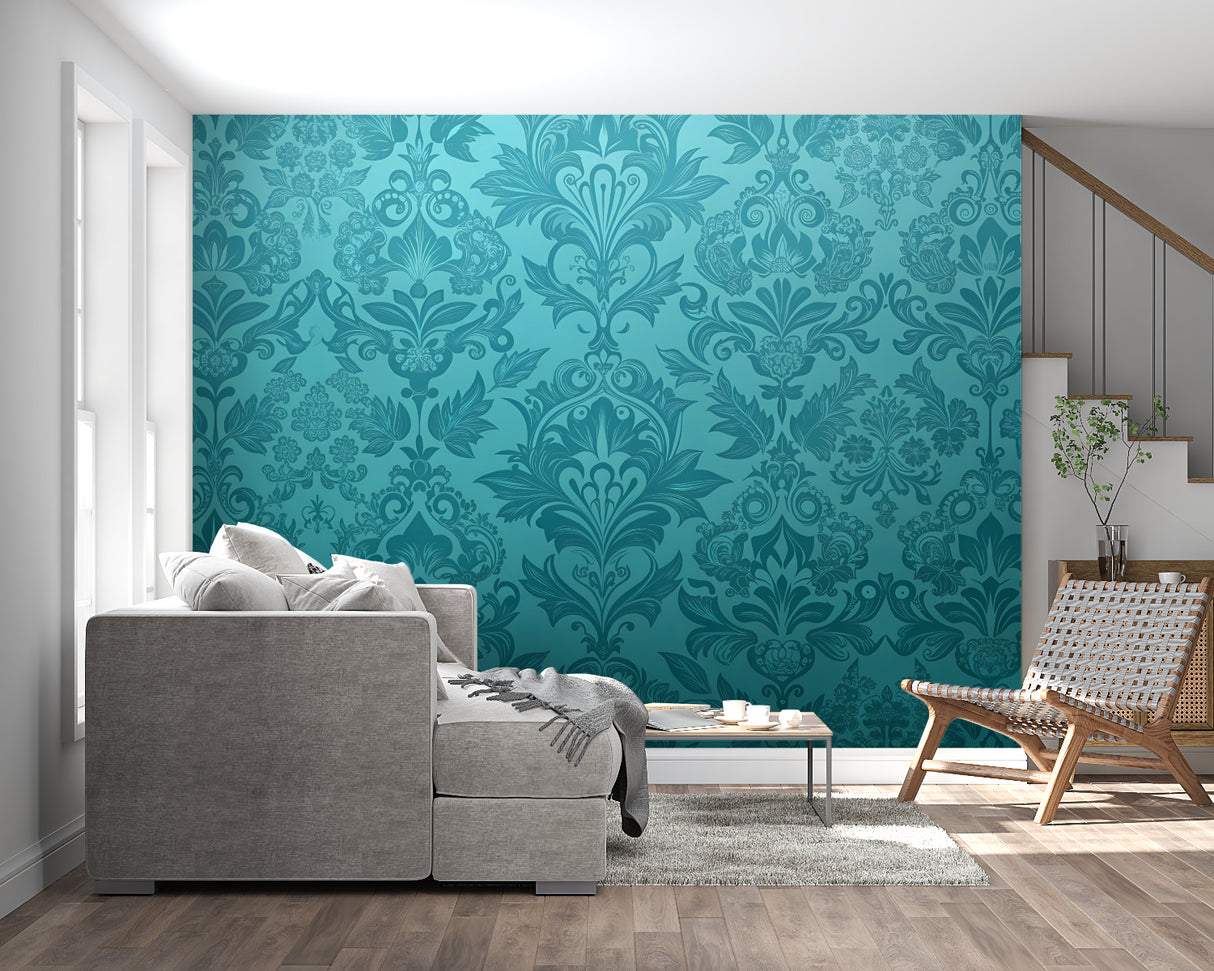 Teal damask wallpaper mural in a modern living room with natural light highlighting the baroque pattern