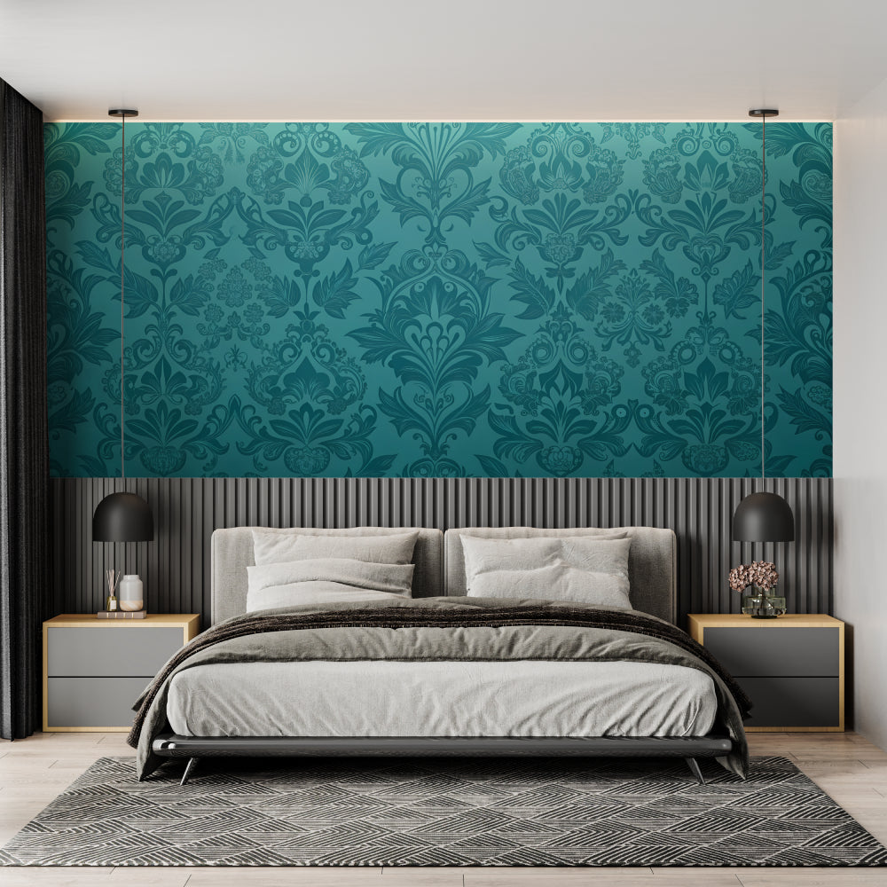 Elegant teal baroque wallpaper creating depth in a master bedroom setting